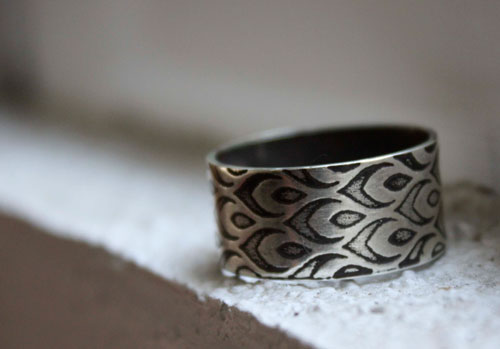 Oeil de paon, bague plume ocelles en argent