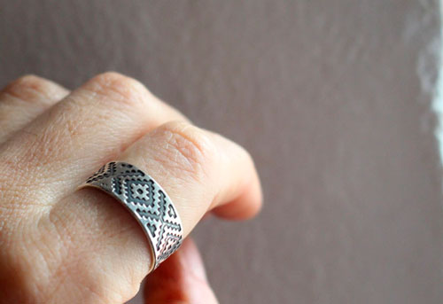 Ojo de dios, bague géométrique huichol en argent