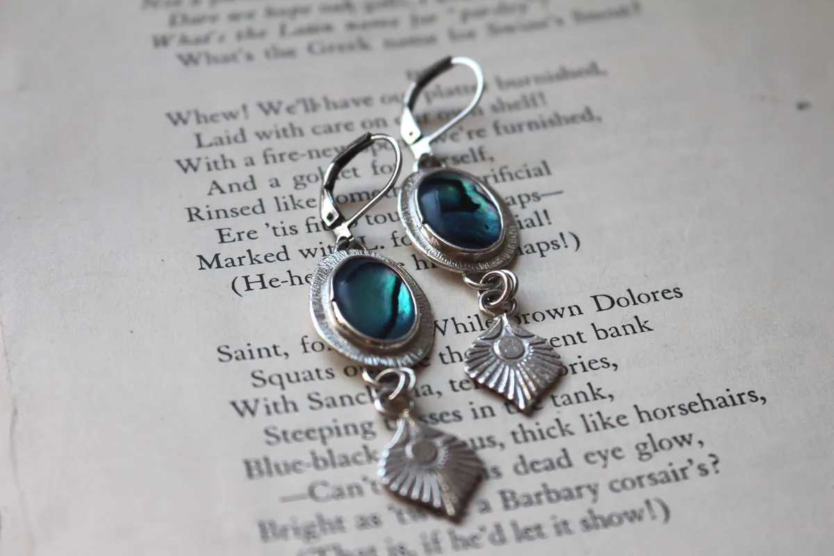 Paon, boucles d’oreilles plume d’oiseau en argent et paua