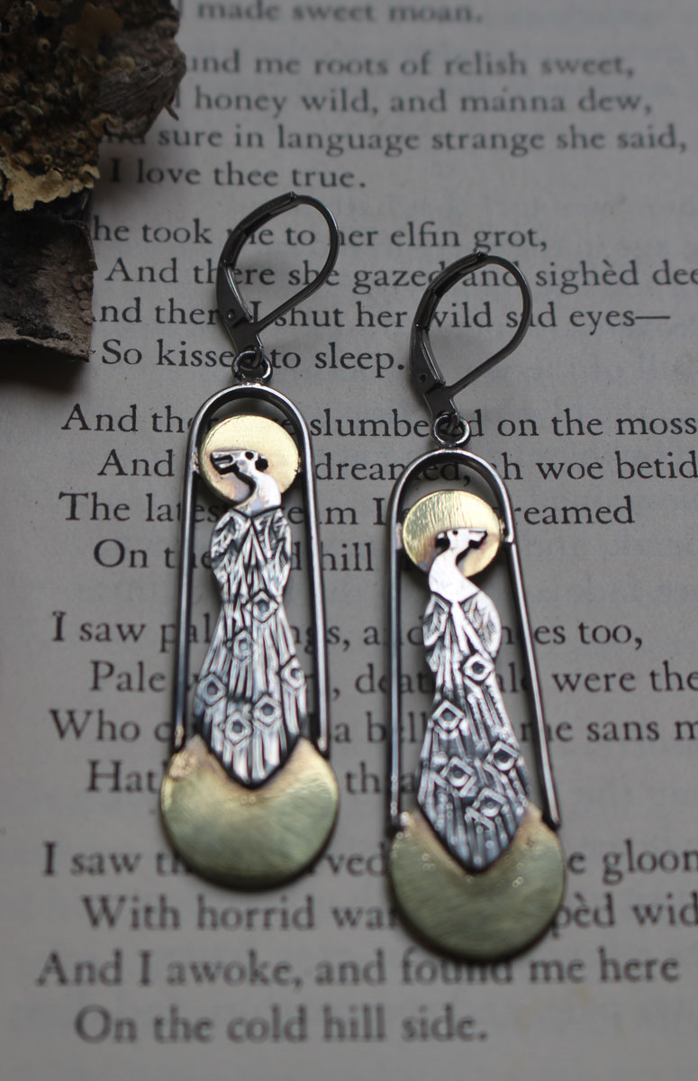 Paon art déco, boucles d’oreilles oiseau du soleil et de la lune en argent et laiton