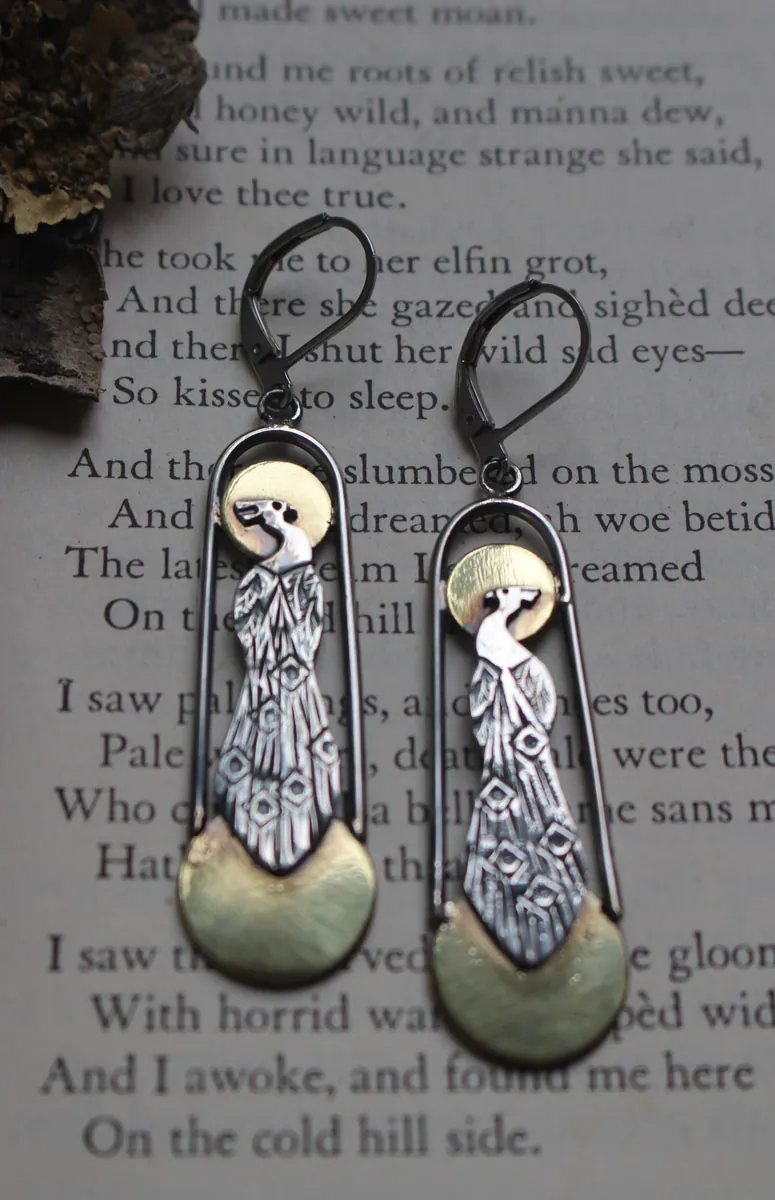 Paon art déco, boucles d’oreilles oiseau du soleil et de la lune en argent et laiton