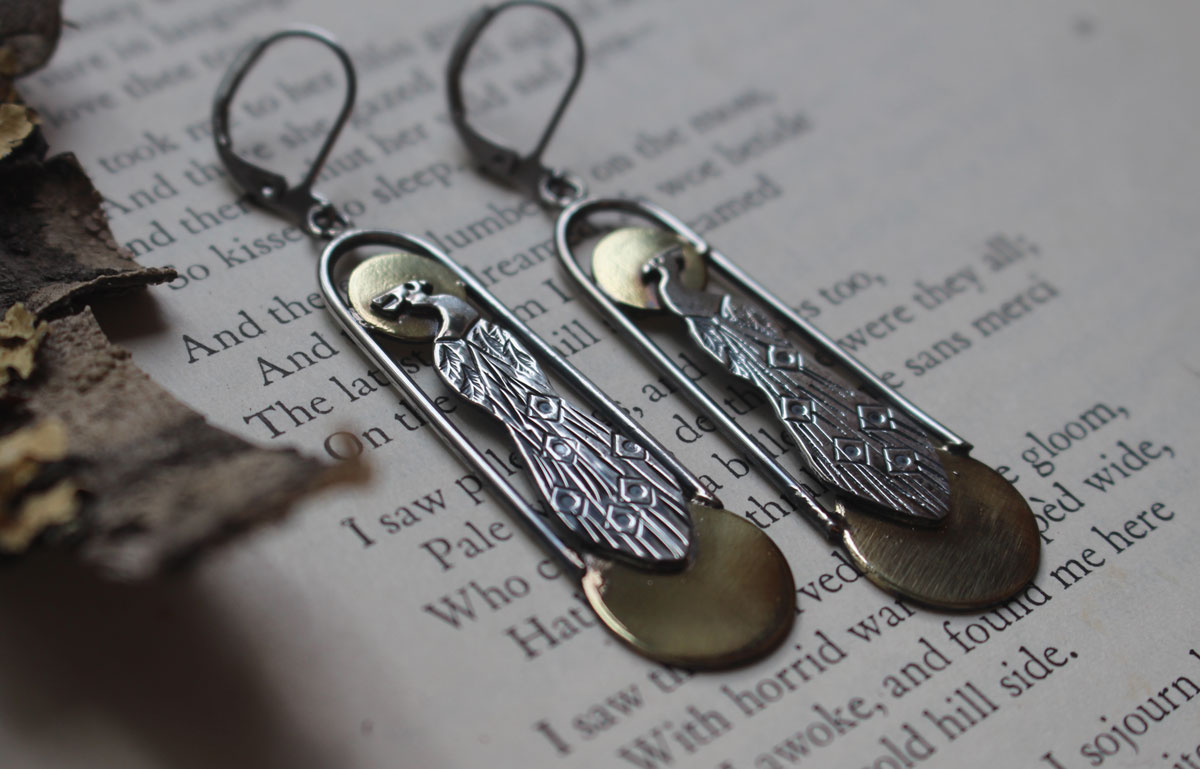 Paon art déco, boucles d’oreilles oiseau du soleil et de la lune en argent et laiton