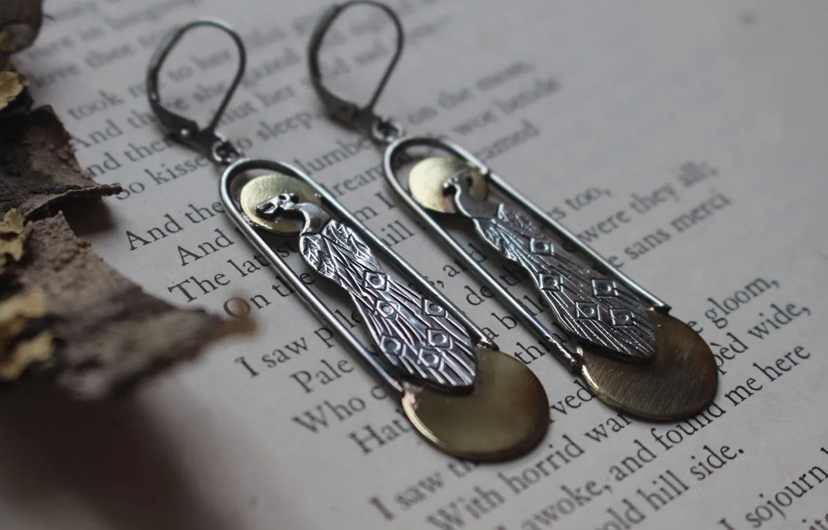 Paon art déco, boucles d’oreilles oiseau du soleil et de la lune en argent et laiton