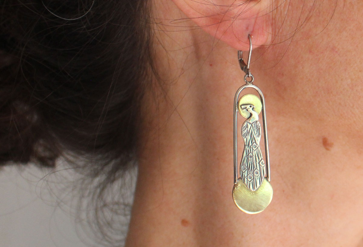 Paon art déco, boucles d’oreilles oiseau du soleil et de la lune en argent et laiton