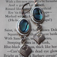 Paon, boucles d’oreilles plume d’oiseau en argent et paua