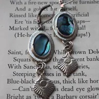 Paon, boucles d’oreilles plume d’oiseau en argent et paua