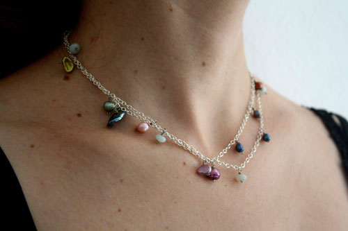 Perles du lagon, collier, chaîne de cheville, bracelet couleurs tropicales en argent, amazonite et perle de culture