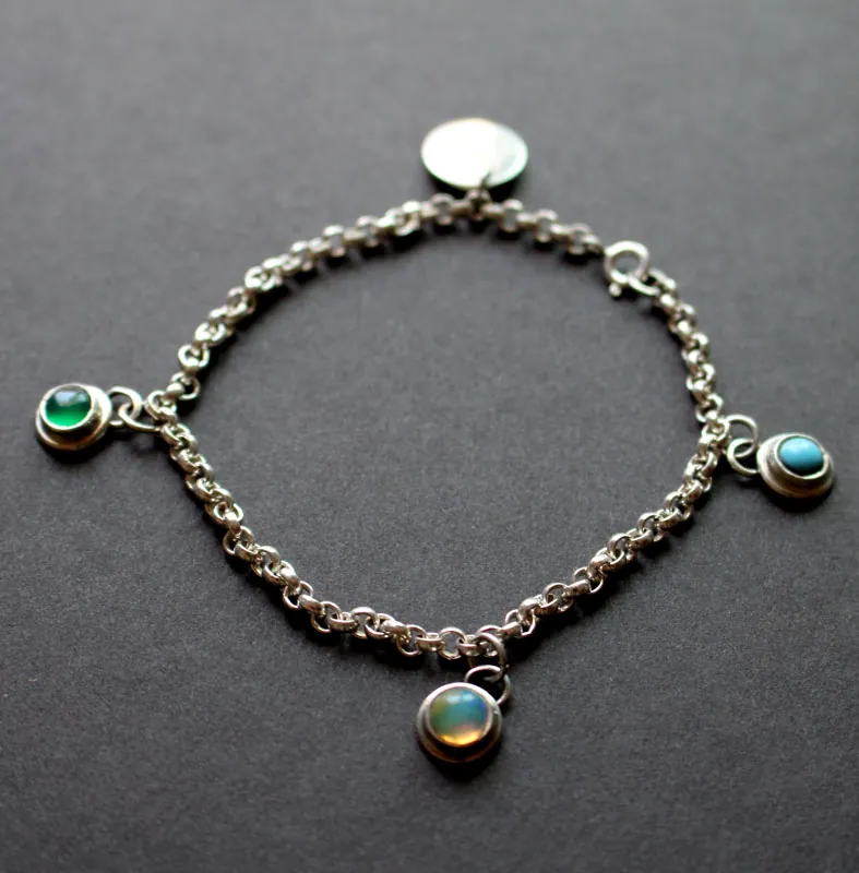 Pierres de naissance, bracelet famille en argent, opale, turquoise et onyx