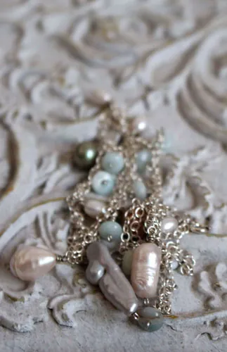 Pluie de nacre, collier, chaîne de cheville, bracelet averse colorée en argent, amazonite et perle d’eau douce
