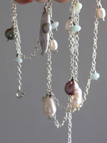 Pluie de nacre, collier, chaîne de cheville, bracelet averse colorée en argent, amazonite et perle d’eau douce