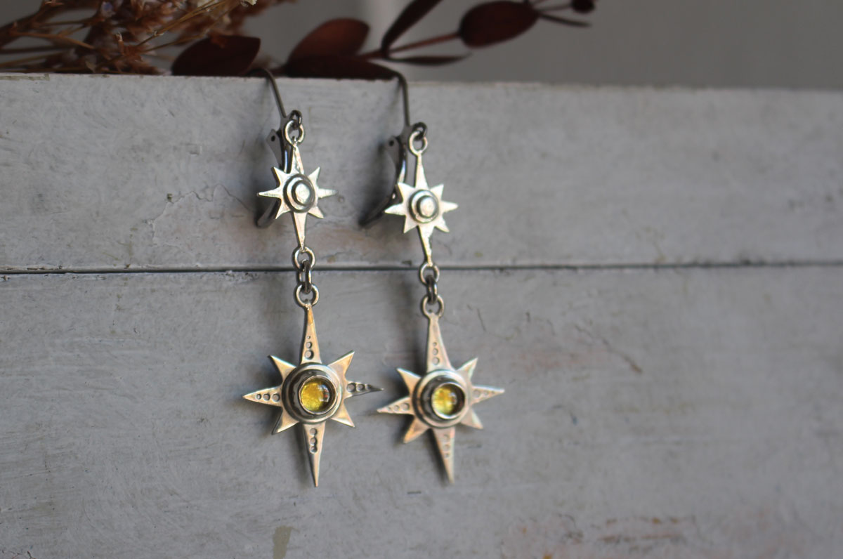 Polaris, boucles d’oreilles étoile polaire en argent et zircon jaune