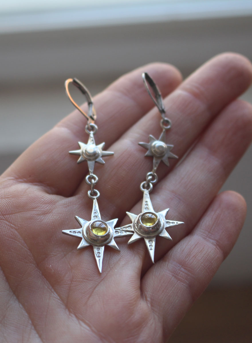 Polaris, boucles d’oreilles étoile polaire en argent et zircon jaune