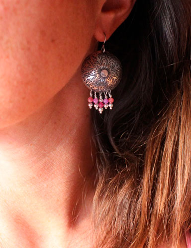Pivoine, boucles d’oreilles fleur en argent et agate