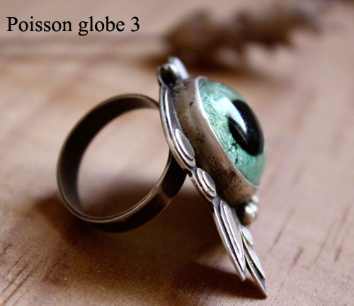 Poisson globe, bague poisson fugu en argent et verre