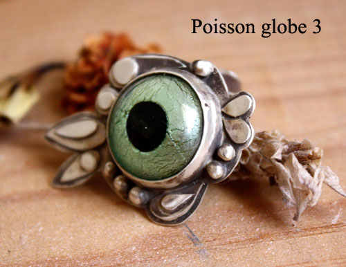 Poisson globe, bague poisson fugu en argent et verre
