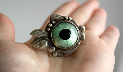 Poisson globe, bague poisson fugu en argent et verre