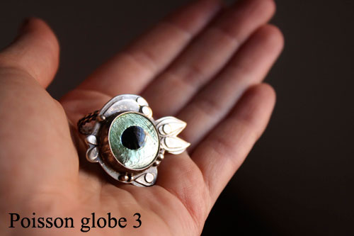 Poisson globe, bague poisson fugu en argent et verre