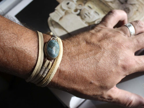 Poséidon, bracelet mer déchaînée en argent, cuir et chrysocolle