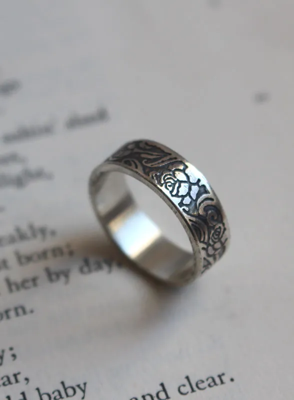 Rose, bague fleur romantique de rosier en argent