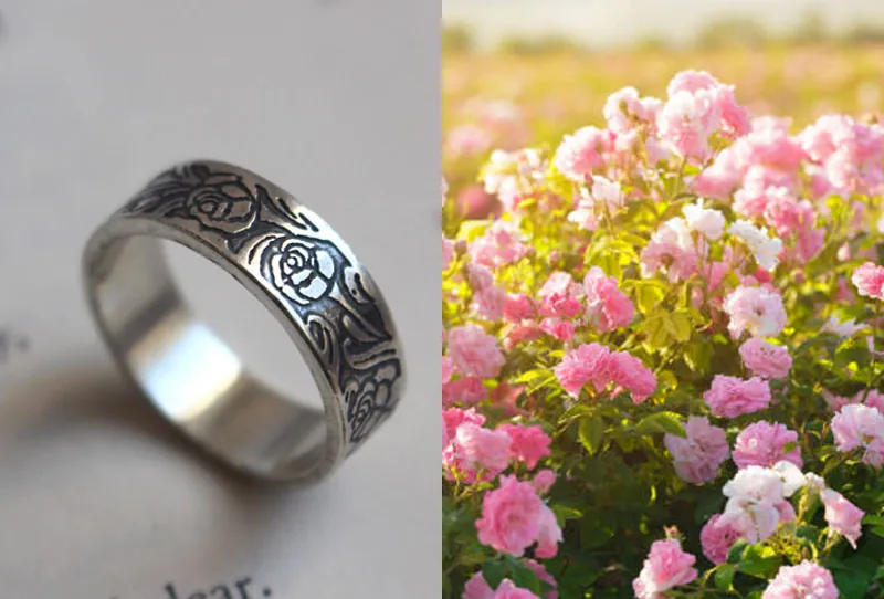 Rose, bague fleur romantique de rosier en argent