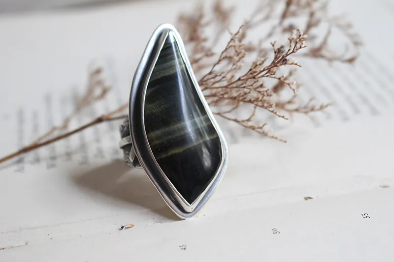 Runes de vie, bague nordique en argent et œil de tigre