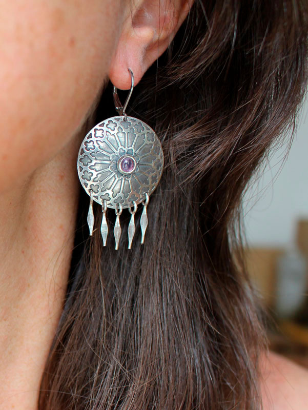 Rosace, boucles d’oreilles vitrail médiéval en argent et zircon