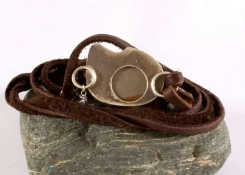 Shandar, bracelet désert en argent, cuir et jaspe paysage