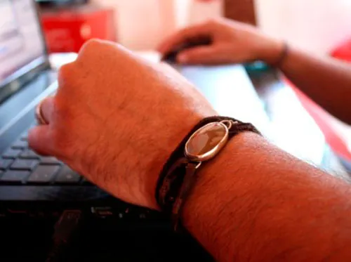 Shandar, bracelet désert en argent, cuir et jaspe paysage