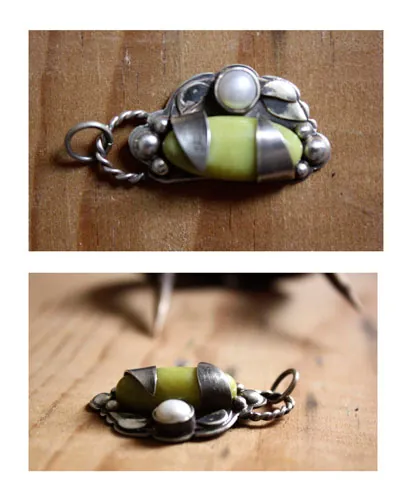 Shinju, pendentif éveil du printemps en argent, perle et aventurine