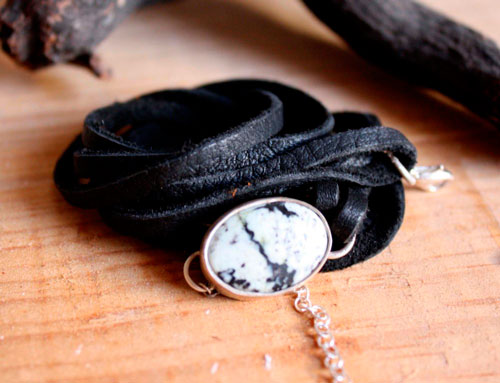 Sapheda, bracelet pureté et force en argent, cuir et agate dendritique
