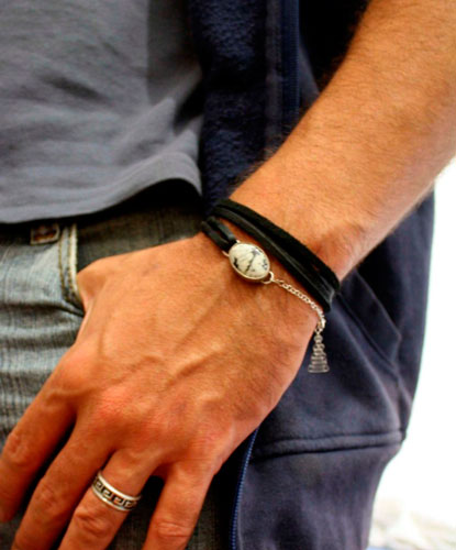 Sapheda, bracelet pureté et force en argent, cuir et agate dendritique