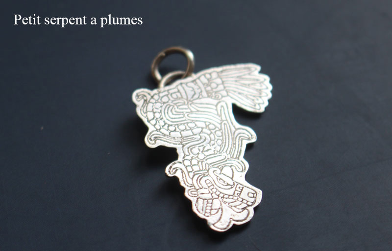 Serpent à plumes, pendentif Quetzalcoatl dieu aztèque en argent