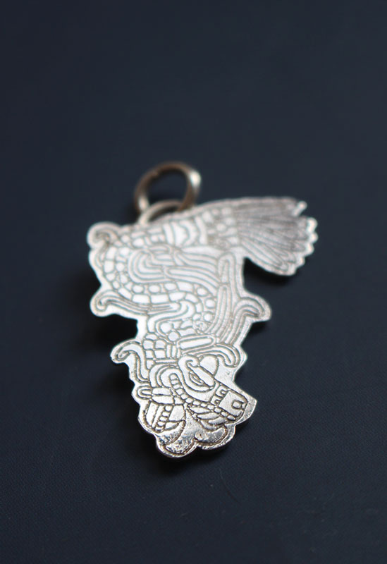 Serpent à plumes, pendentif quetzalcoatl, dieu aztèque en argent