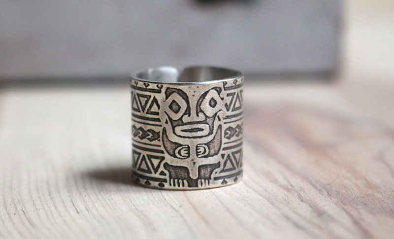 Totem, bague tikki polynésien en argent