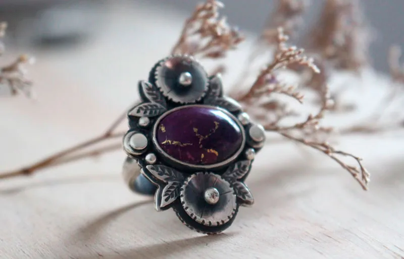 Violette, bague jardin de fleurs en argent et turquoise