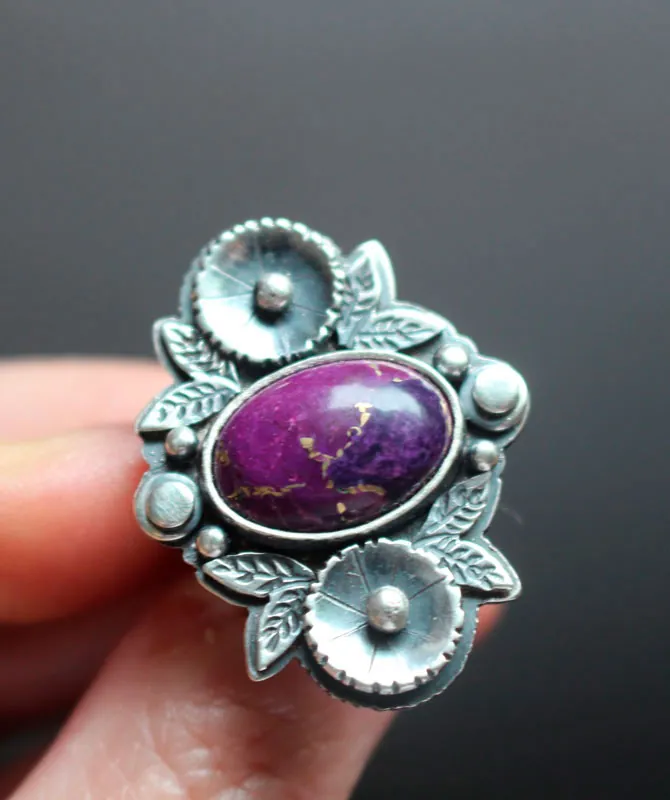 Violette, bague jardin de fleurs en argent et turquoise