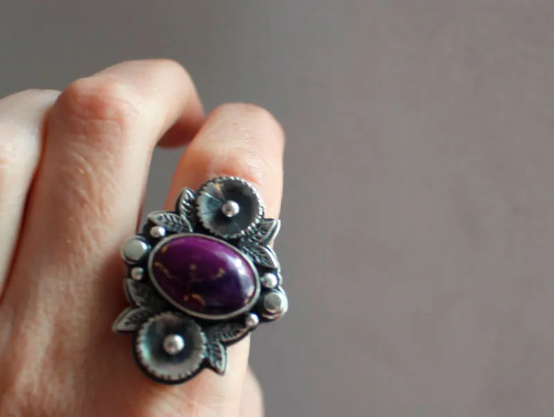 Violette, bague jardin de fleurs en argent et turquoise