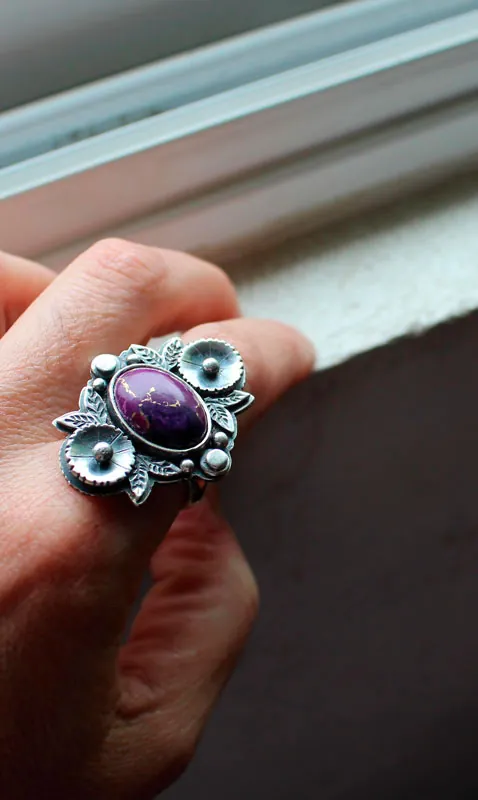 Violette, bague jardin de fleurs en argent et turquoise
