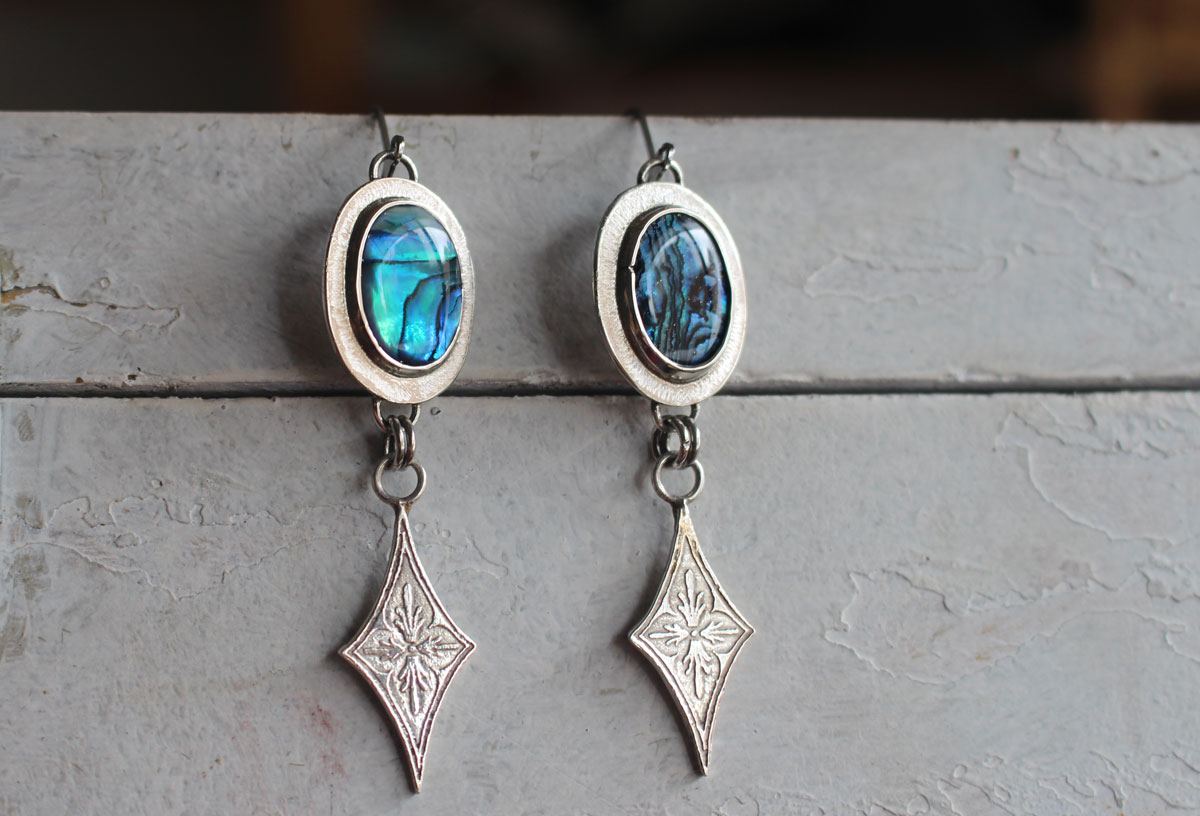 Voie lactée, boucles d’oreilles étoiles en argent et paua