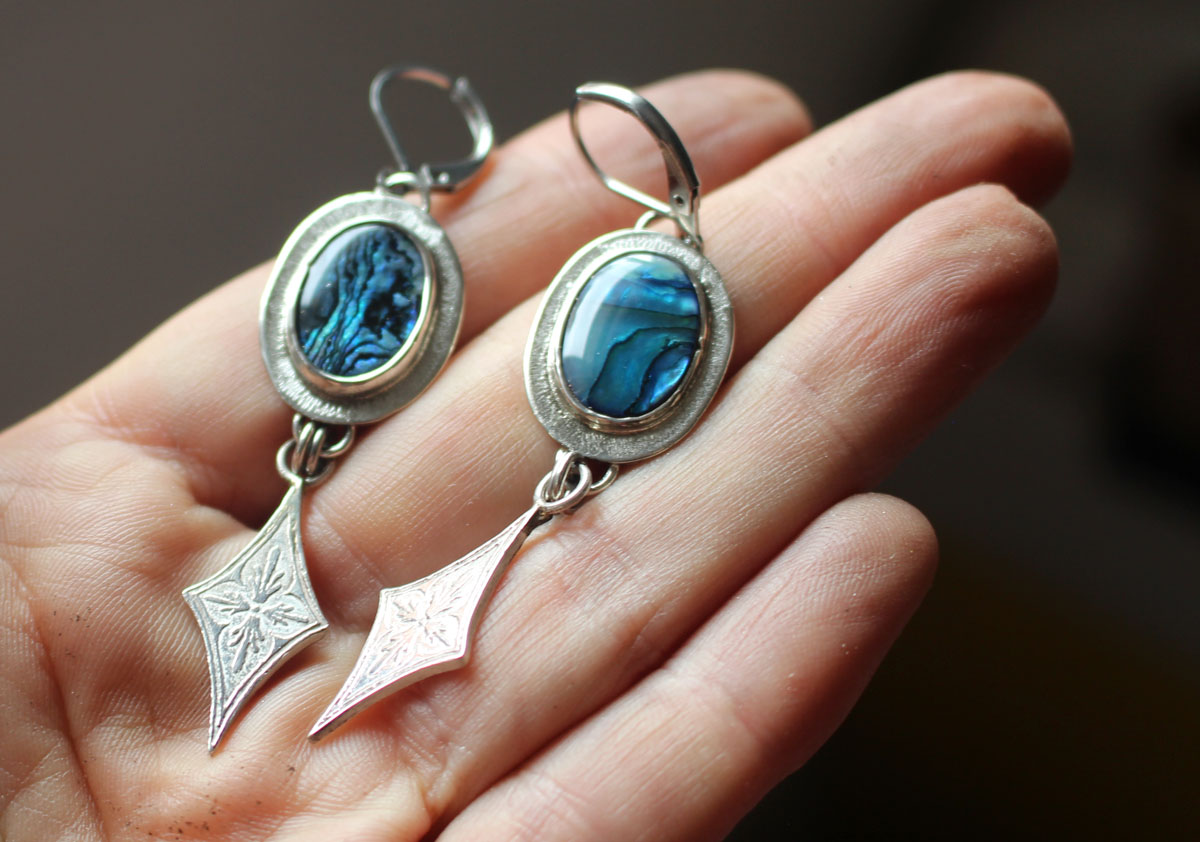 Voie lactée, boucles d’oreilles étoiles en argent et paua