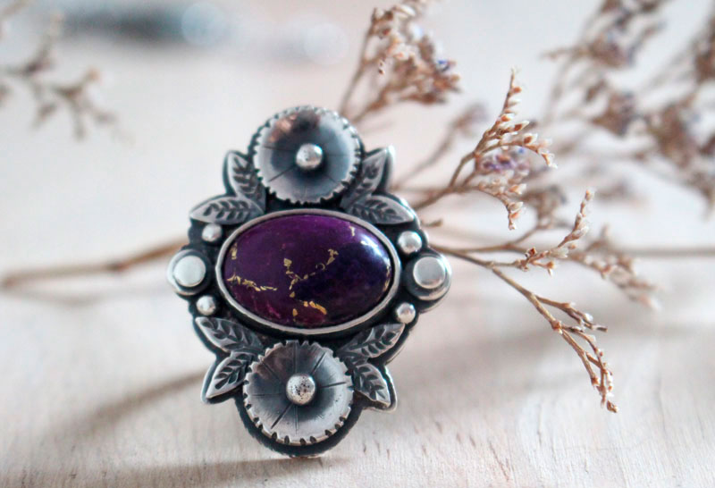 Violette, bague fleur en argent et turquoise