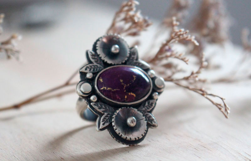 Violette, bague fleur en argent et turquoise