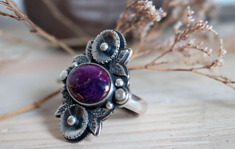 Violette, bague fleur en argent et turquoise