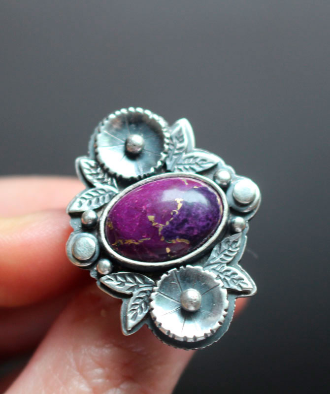 Violette, bague fleur en argent et turquoise