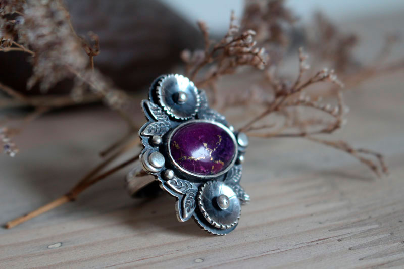 Violette, bague fleur en argent et turquoise