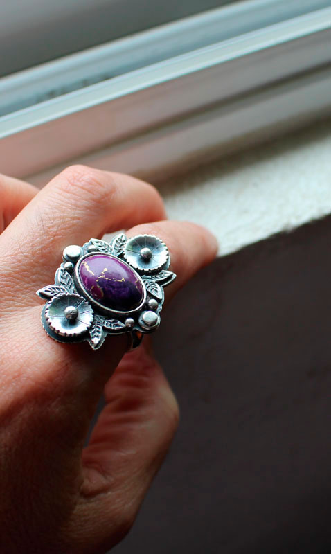 Violette, bague fleur en argent et turquoise