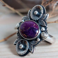 Violette, bague fleur en argent et turquoise