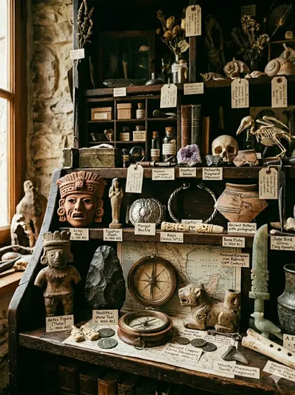 Cabinet de curiosités avec des objets archéologiques provenant de différentes cultures du monde