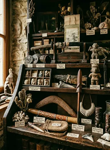 Cabinet de curiosités avec des objets provenant de differentes cultures du monde retracant l'histoire de ces differents endroits