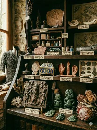 Cabinet de curiosités avec des objets montrant la richesse de la création des hommes dans le monde et le temps